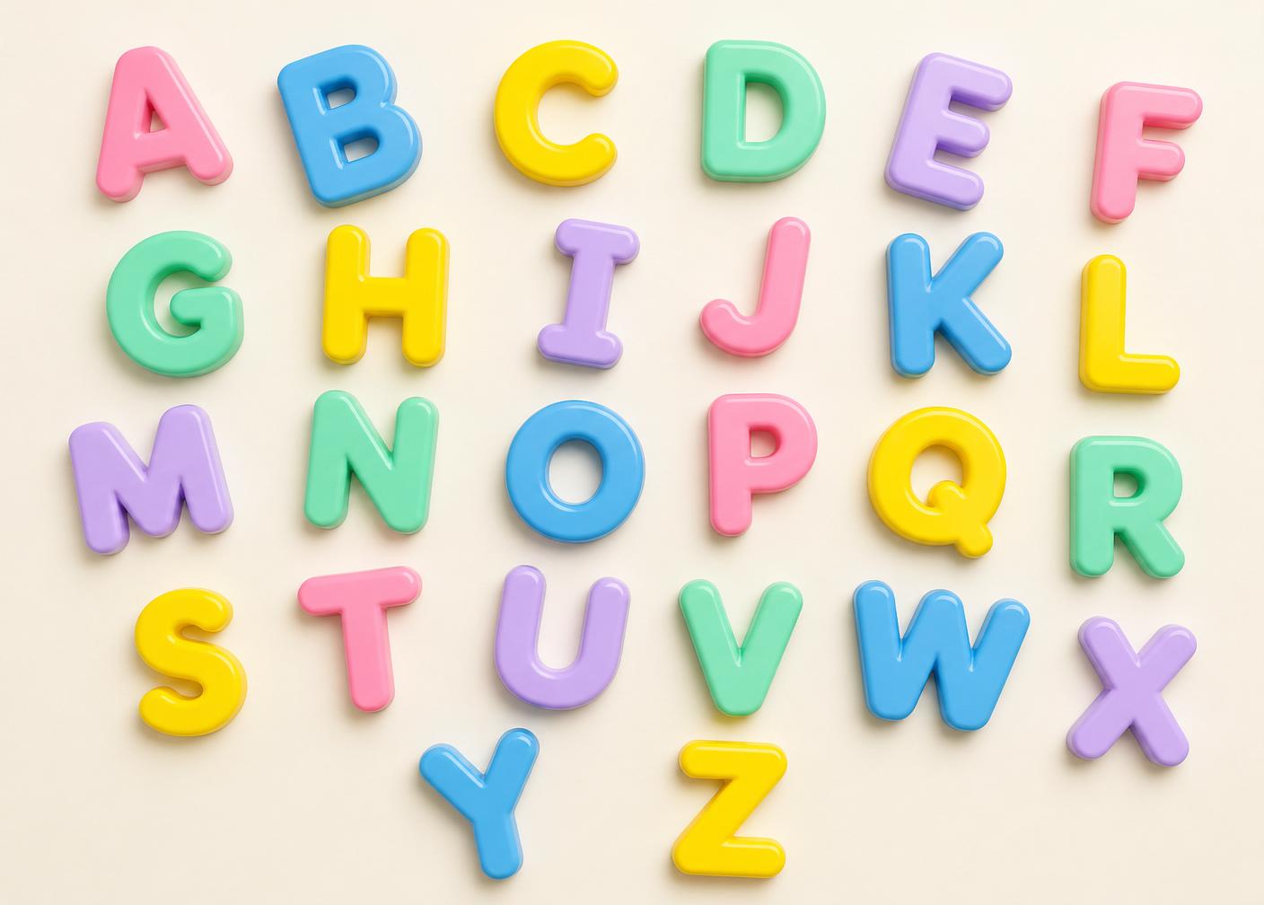 Flat lay of colorful chunky 3D removable PVC alphabet letters